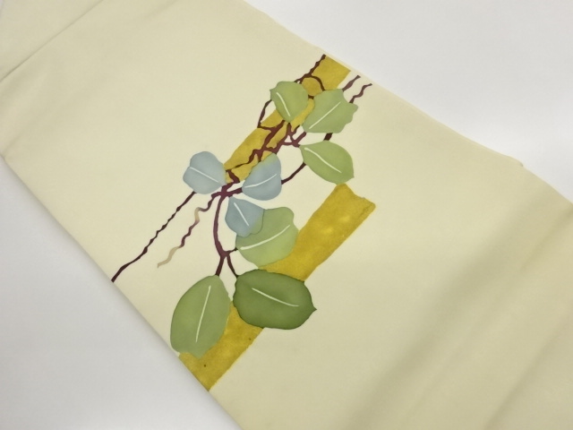 JAPANESE KIMONO / SHIOZE GOLD-DECORATED ABSTRACT GRASS LEAF PATTERN NA